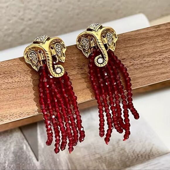 Gold Elephant Head Earrings with Red Bead Tassels - Picture 5 of 15